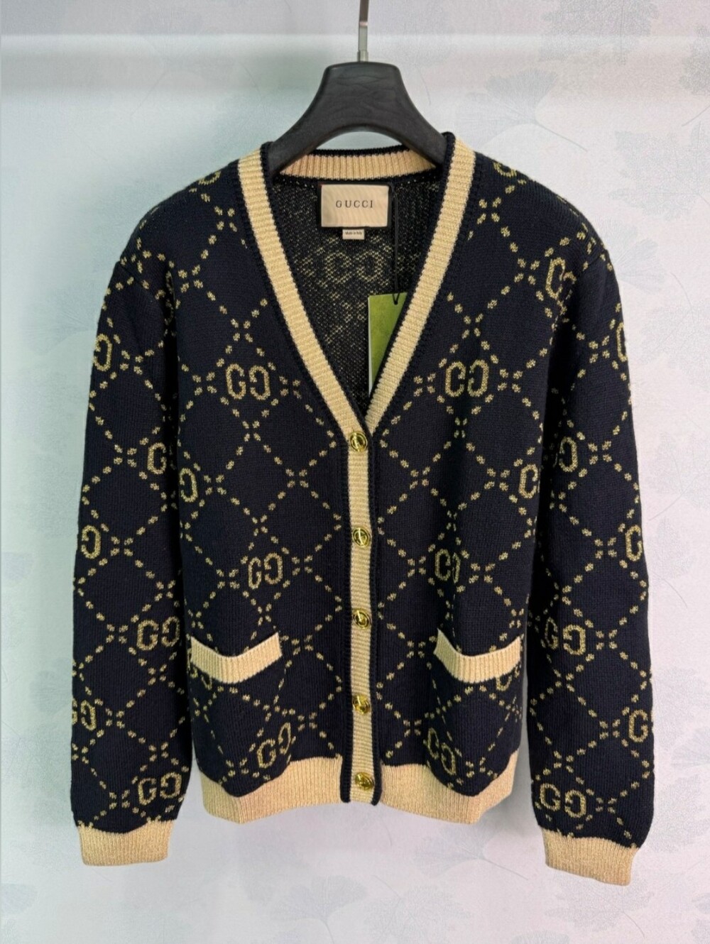 Gucci Black and Gold GG Monogram V-Neck Cardigan